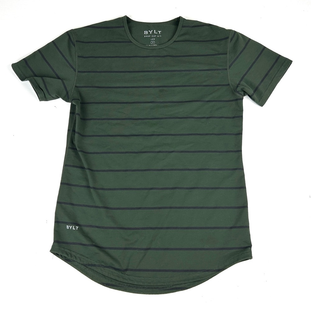 BYLT Shirt Mens Striped Green S/S Drop Cut Short Sleeve Lux Activewear Sz Small